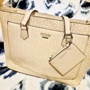 GUESS Cream Monogram Tote with Attached Pouch